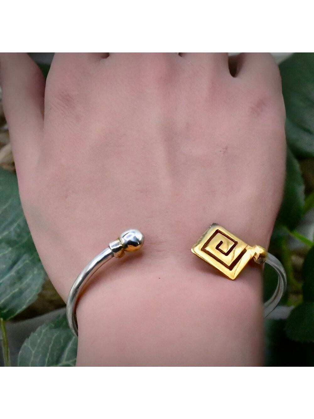 Vintage Silver Greek Key Bypass Cuff 14k Gold Filled Bangle